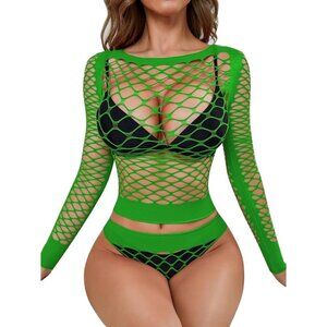 🆕Women Green Mesh Lingerie Fishnet Babydoll Bodysuit Long Sleeve See Through